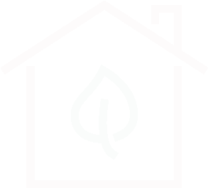 A white, minimalist line-art icon of a house containing a leaf shape, symbolizing eco-friendly or sustainable housing.