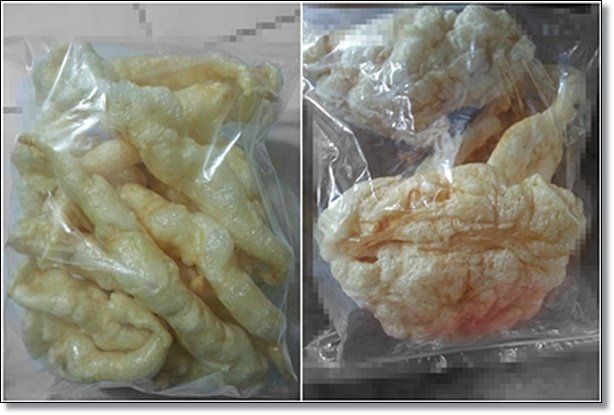 Two plastic bags filled with pale, dried, and textured fish maw snacks.