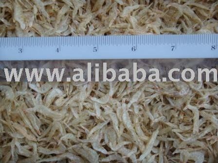 Dried tiny shrimp with a ruler on them.