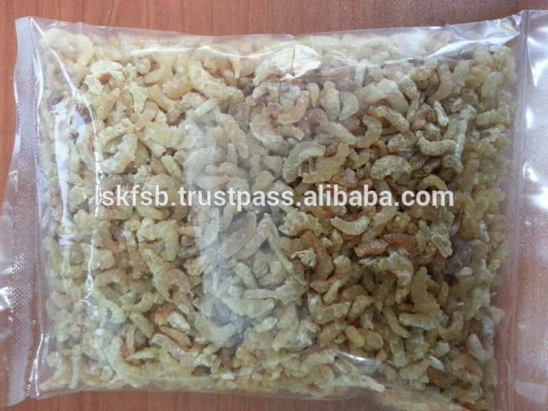 Bag of dried shrimp, light brown and translucent, sealed in a clear plastic package.