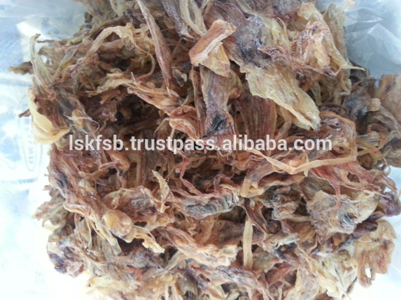 Heap of dried squid, light brown with darker areas, ready for consumption.