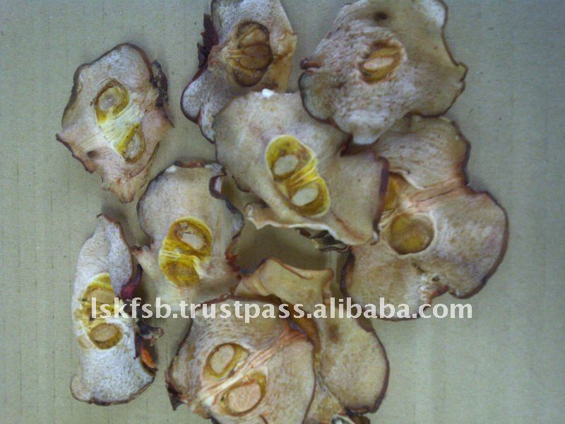 Dried apple slices with visible seeds, tan and brown hues.