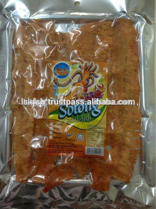 Sealed bag of dried sotong (squid) snacks, orange-brown color, labeled 