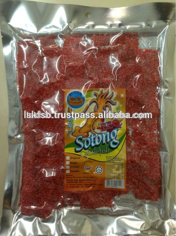 Package of red, dried squid snacks labeled 