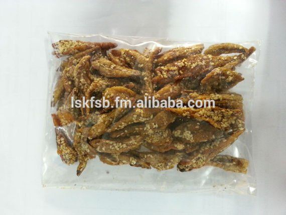 Bag of fried anchovies coated in sesame seeds.