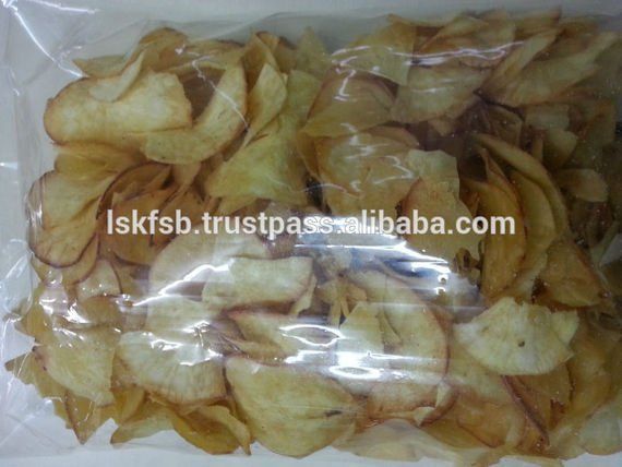 Bag of golden-brown cassava chips, a savory snack.