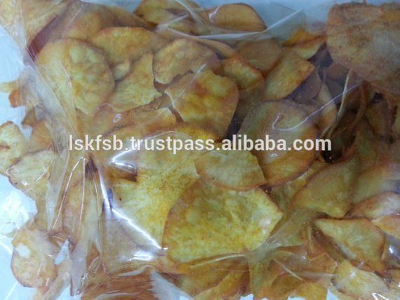 Bag of golden-brown, crispy cassava chips.