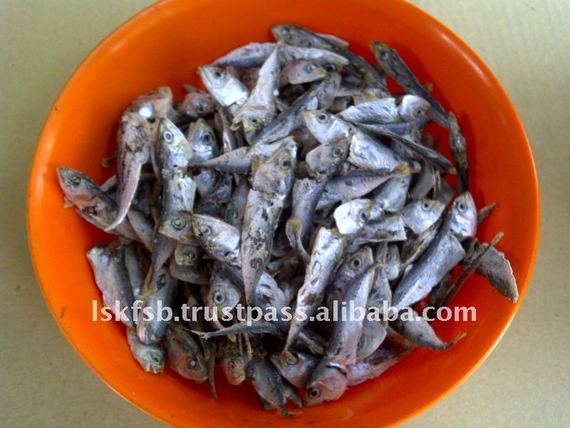 Small, dried fish in an orange bowl.
