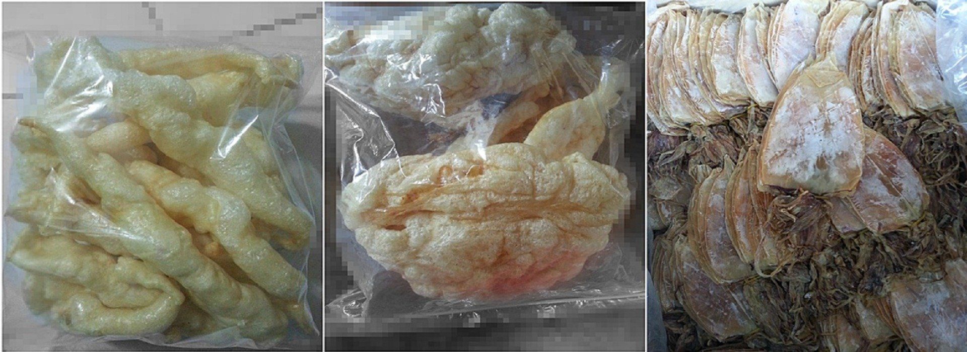 Three different bagged foods: one of fried chicken feet, two of fried pork skin, and one of dried squid.
