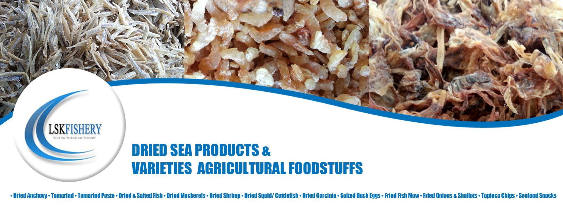 Banner featuring dried sea products and agricultural foodstuffs.