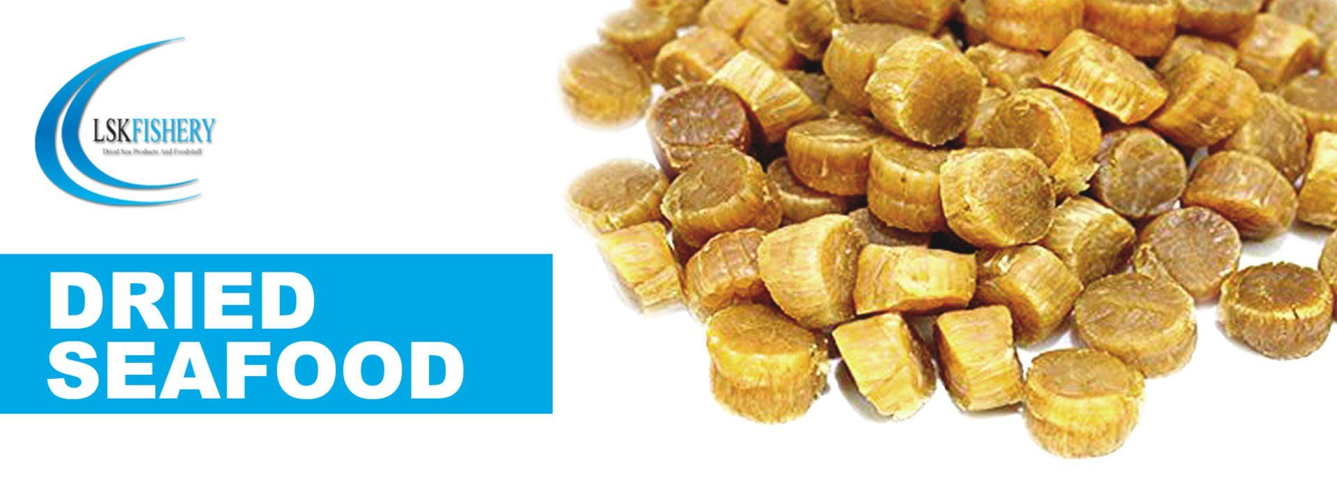Dried seafood on white background; blue rectangle with the text 