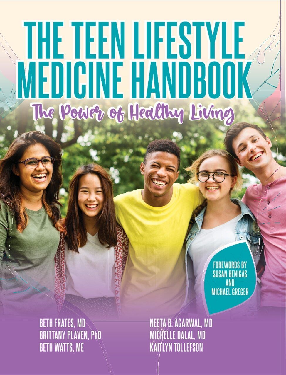 Cover of “The Teen Lifestyle Medicine Handbook” with five smiling teens on a purple background.