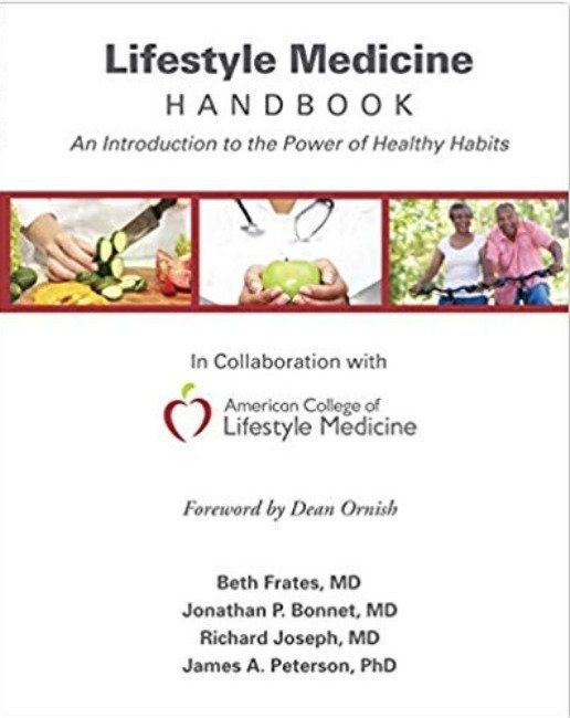 Lifestyle Medicine Handbook book cover with healthy food, exercise, and heart health imagery