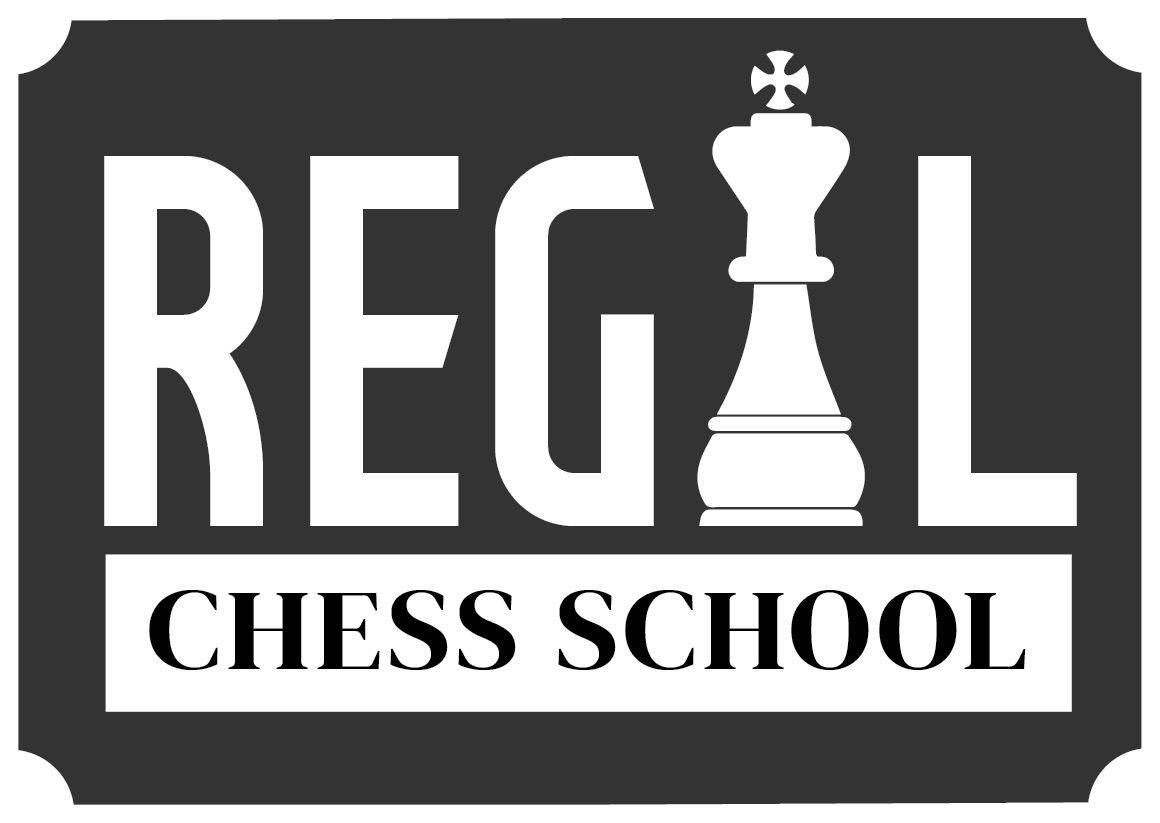 The logo for regal chess school has a chess piece on it.