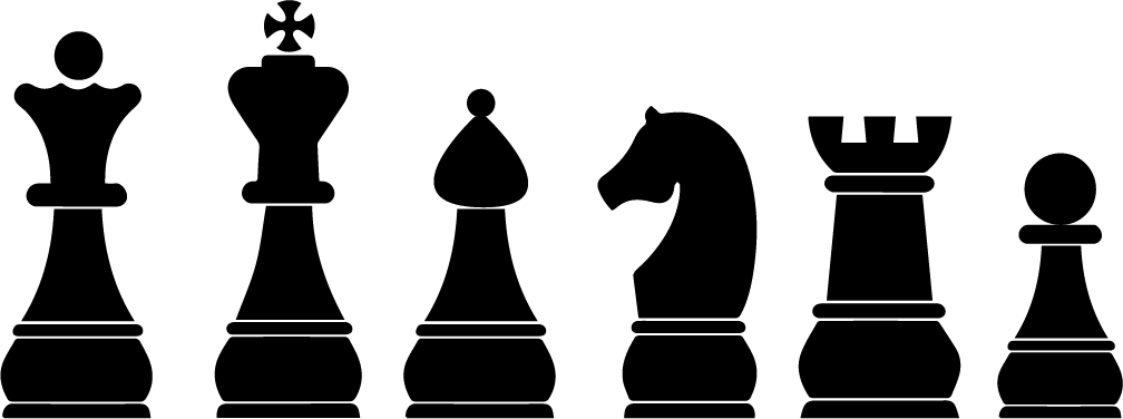 A row of black chess pieces on a white background.