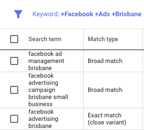 Search Terms for Broad Match Modifier Facebook Ads Brisbane