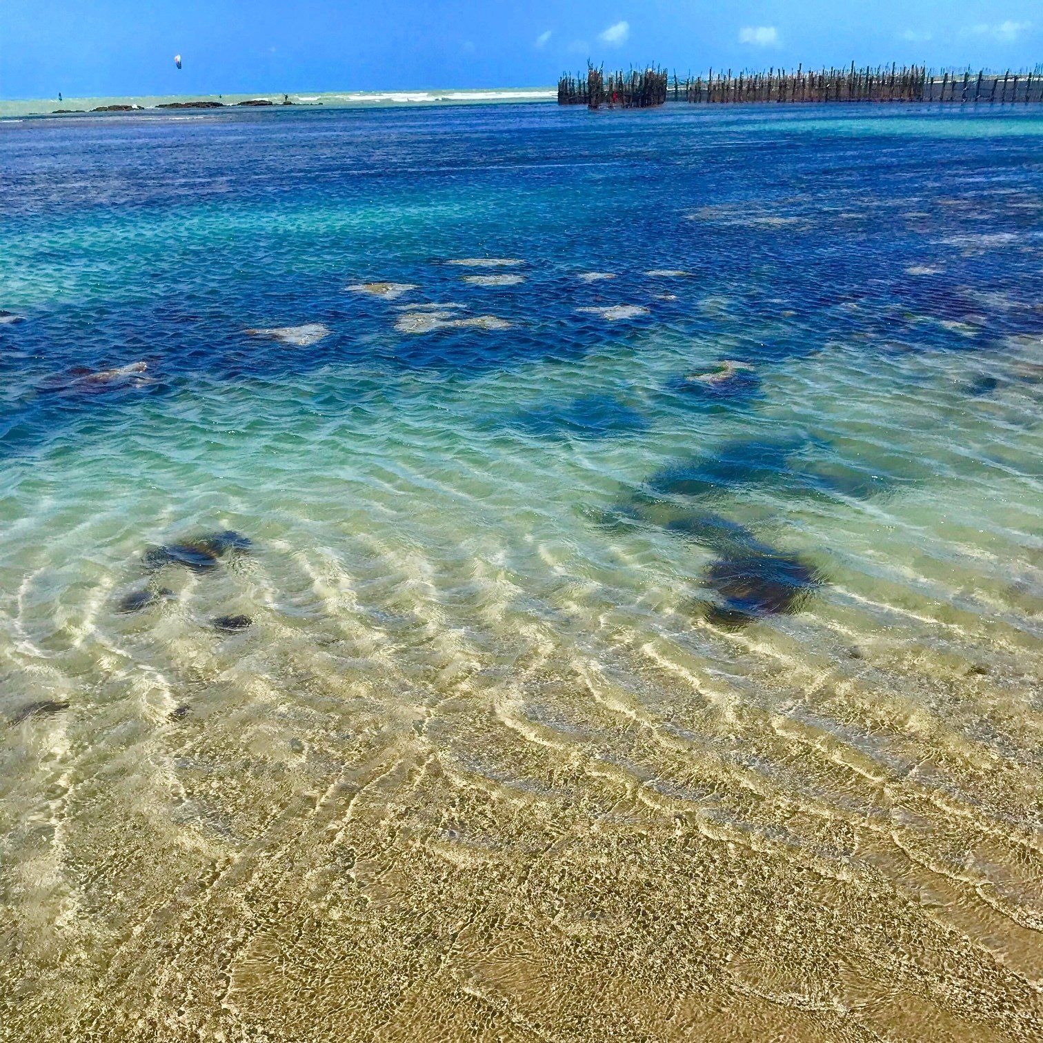 Águas rasas e cristalinas dão lugar ao azul profundo do oceano perto de uma barreira costeira em uma praia tropical.