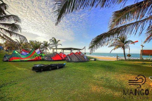 Pipas coloridas de kitesurf dispostas em um campo gramado à beira-mar no Mango Kite Club, sob um céu ensolarado e claro.