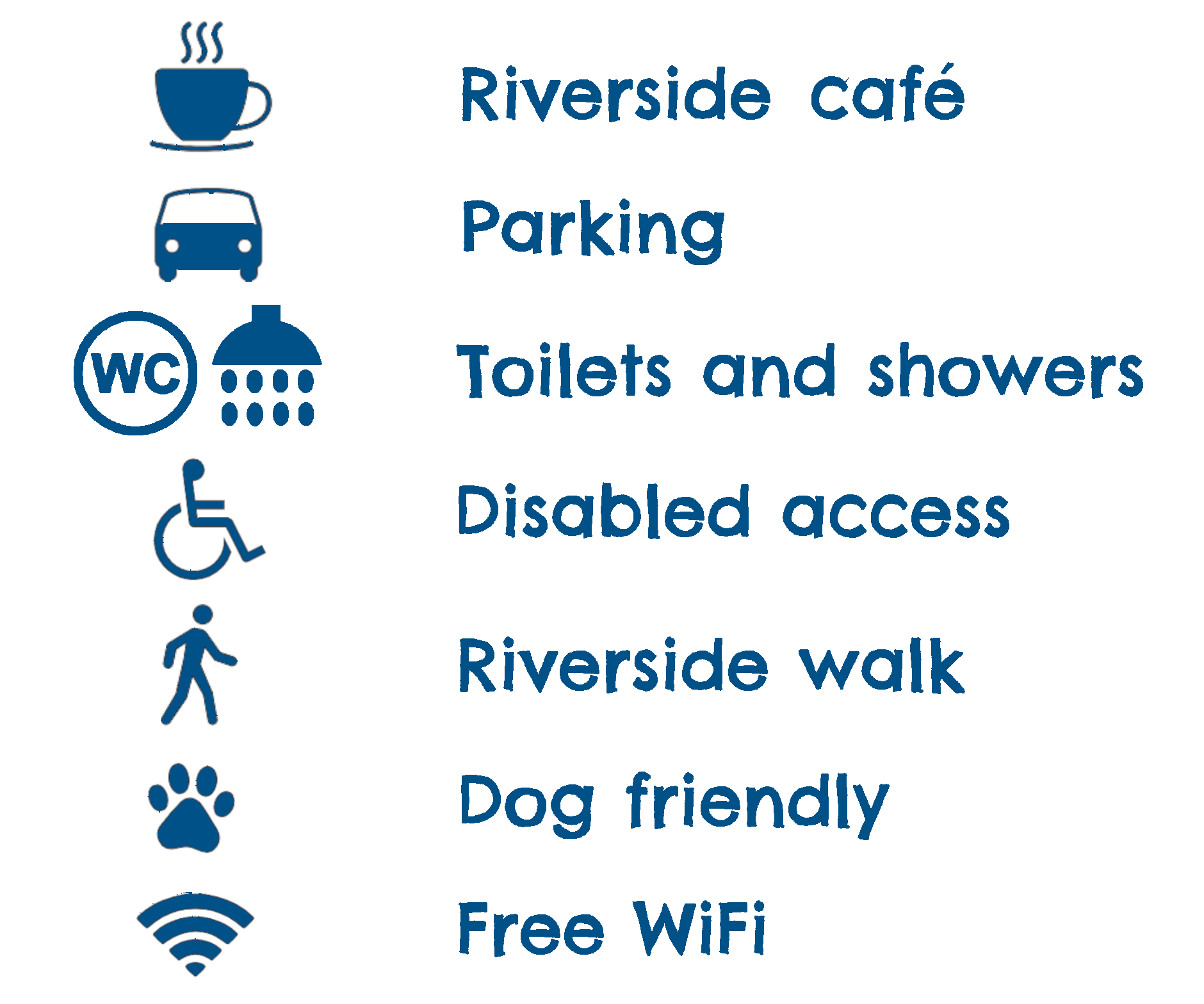 List of facilities at the National White Water Centre: Riverside Cafe, Parking, Toilets and showers, Disabled access, Riverside walk, Dog friendly, Free wifi