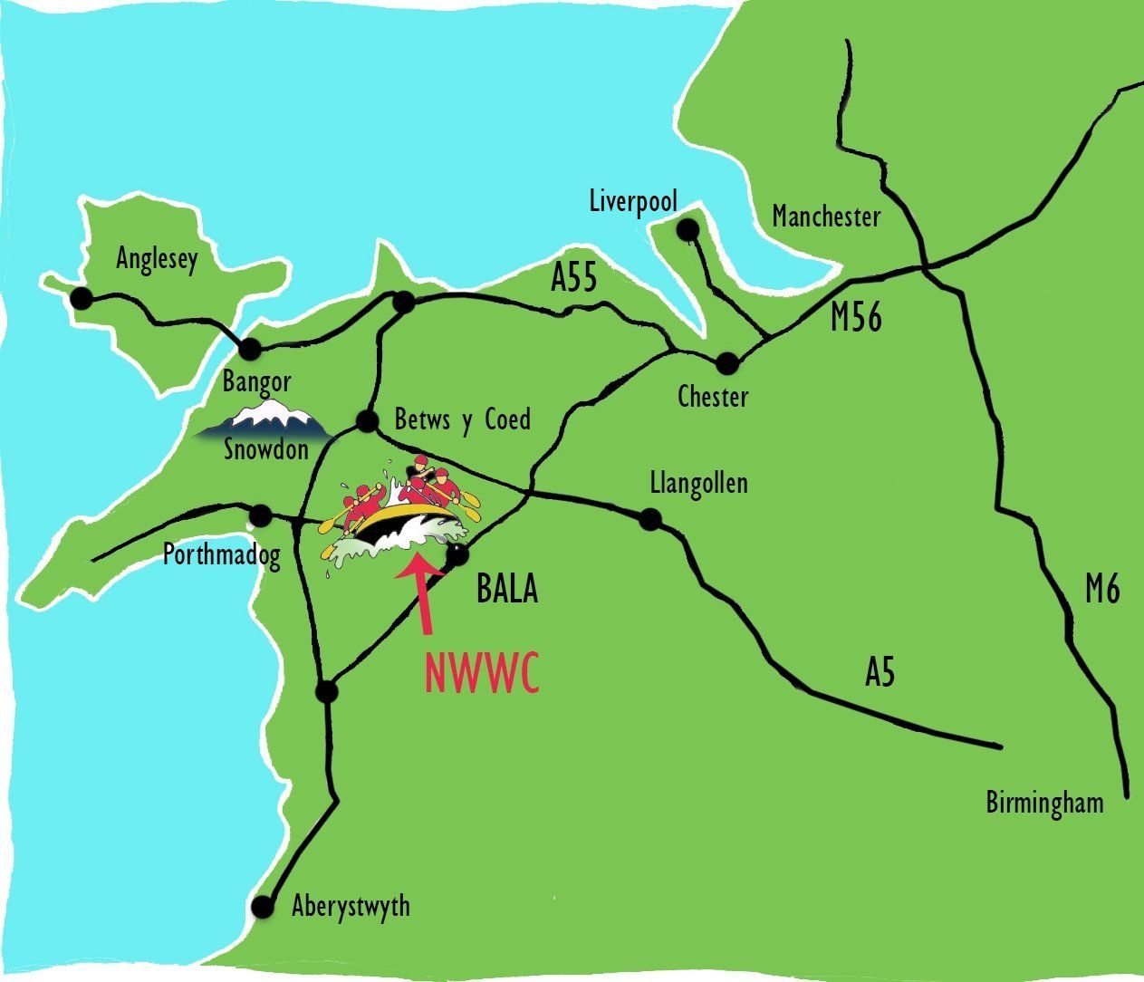 Picture of north Wales with the National White Water Centre marked near Bala