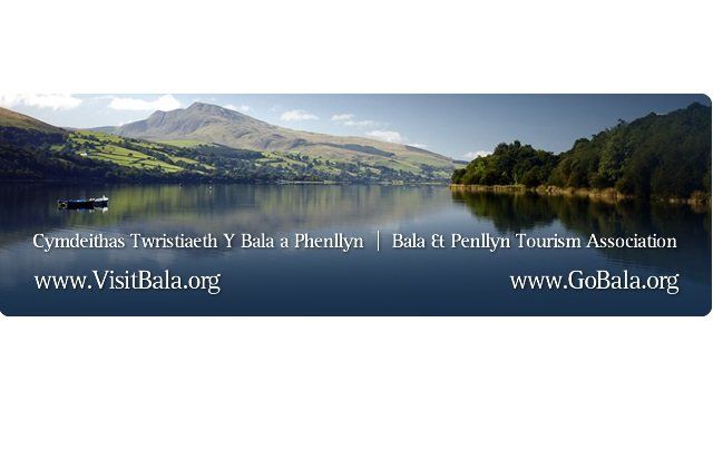 A photograph of Bala Lake with 'www.visitbala.org and 'Bala & Penllyn Tourism Association'