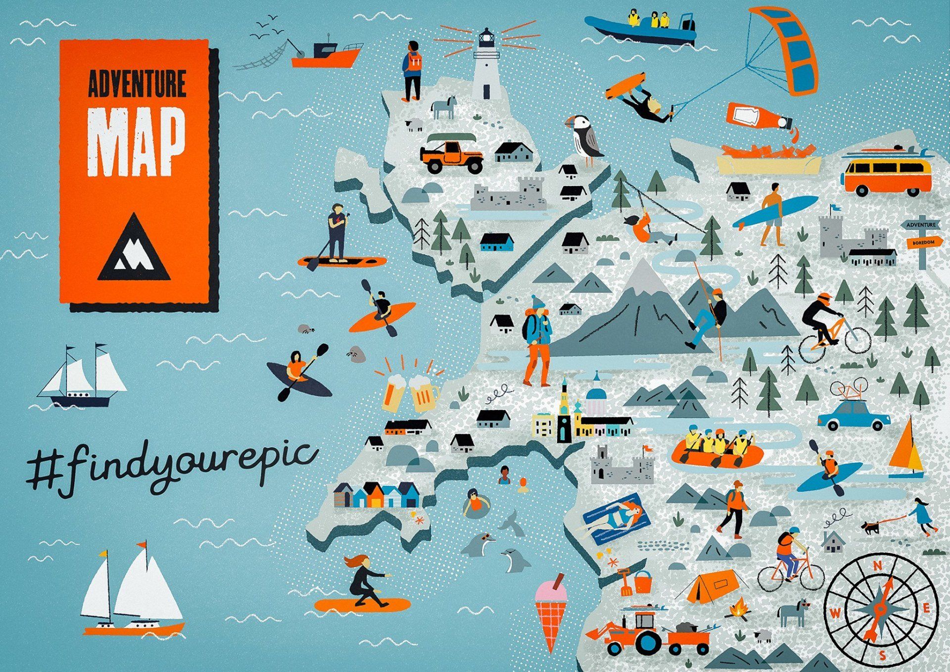 An illustrated map of north wales with lots of activities represented all over the place