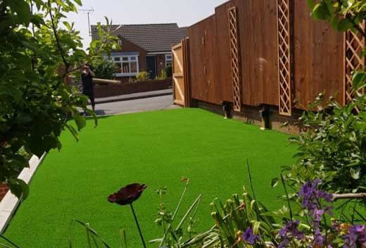 Neat green lawn with wooden fencing and flowers around it with a suburban house visible in the background