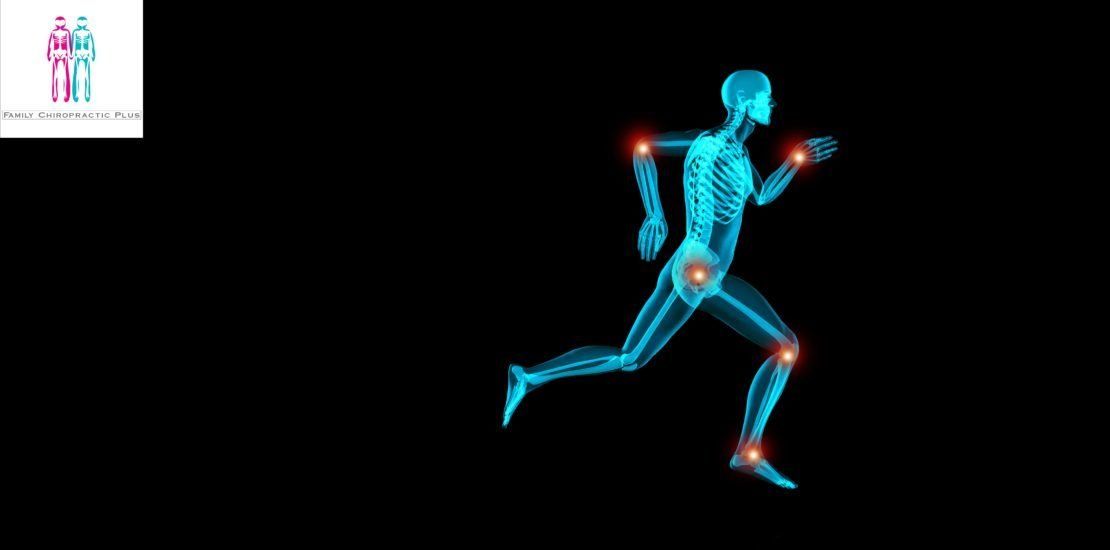 A skeleton of a person running on a black background.