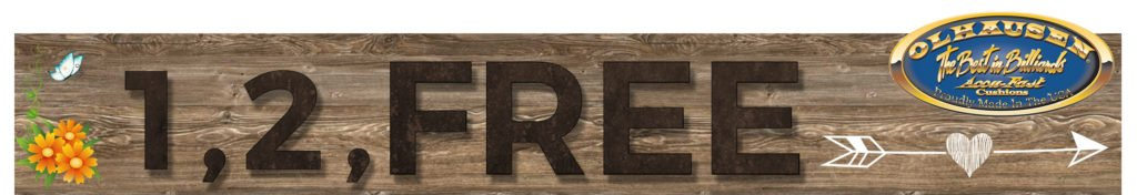 “1, 2, FREE” text in black on a wood background with a blue oval badge at right