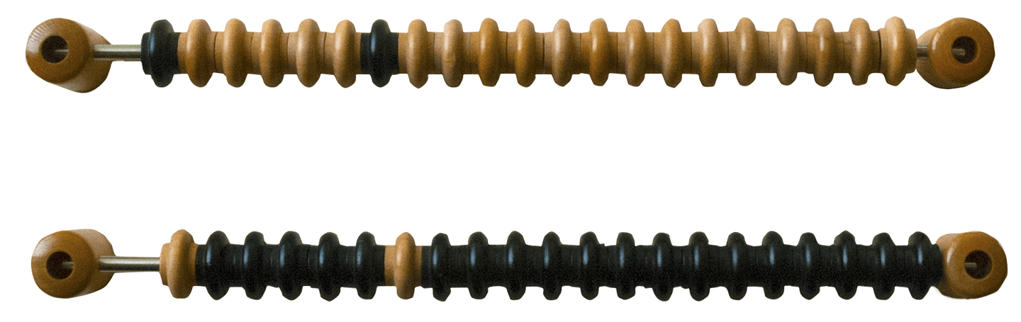 Two side-by-side insulated cables with brown and black corrugated sleeves and metal connectors on each end