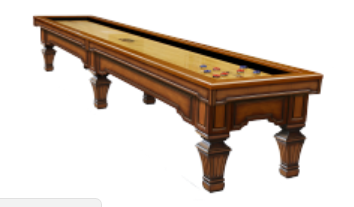 Wooden shuffleboard table with a tan playing surface and decorative inlay legs