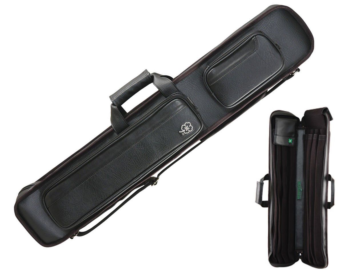 Black leather carrying case with zipper and handle, shown open and closed on a white background