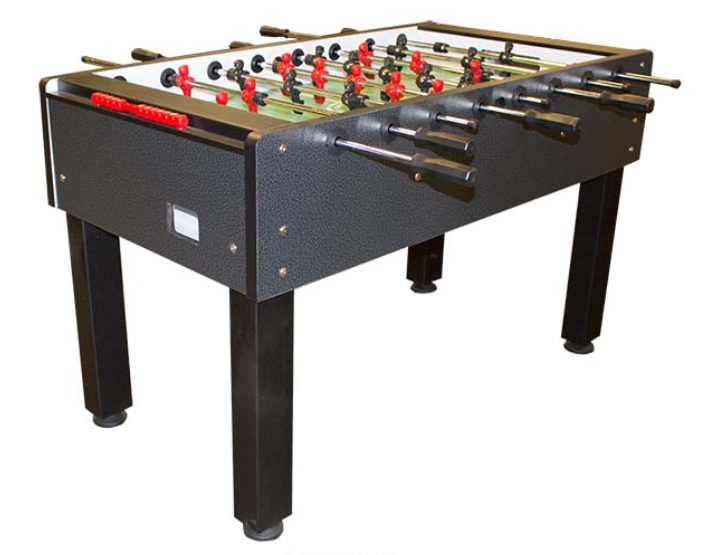 Black foosball table with red and black players on a white background
