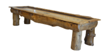 Rustic wooden bench with four legs and a long, weathered seat on a white background