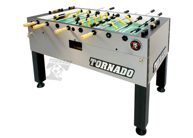 Foosball table with gray sides, black legs, and yellow players on a white background