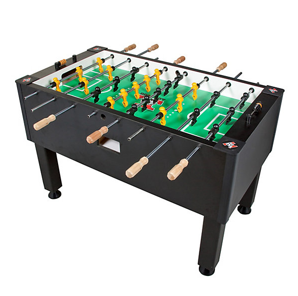 Foosball table with green playing field, black cabinet, and tan handles