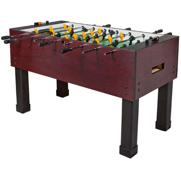 Foosball table with dark wood sides and yellow-and-black player figures on a white background