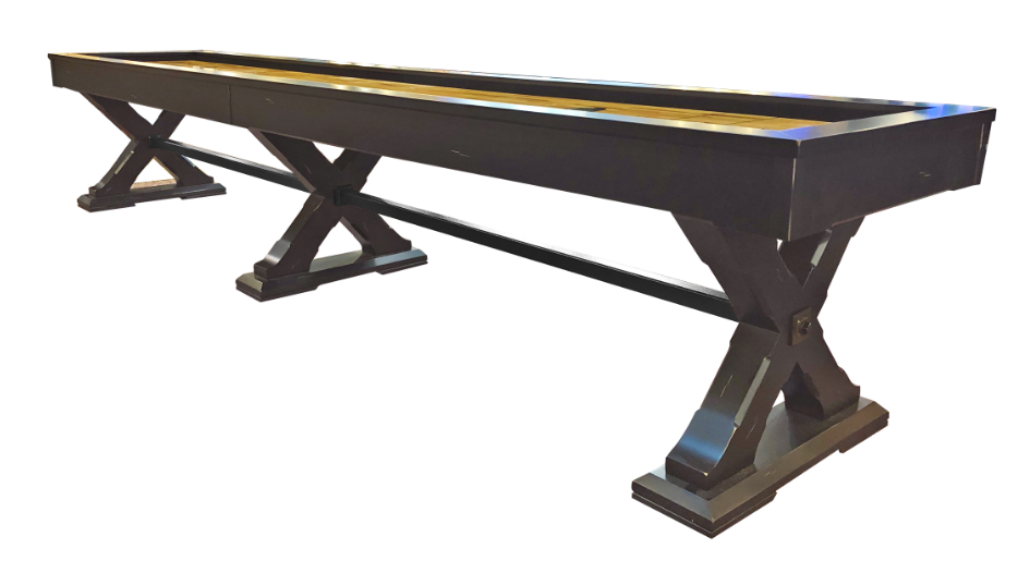 Long black modern bench with X-shaped metal legs on a white background