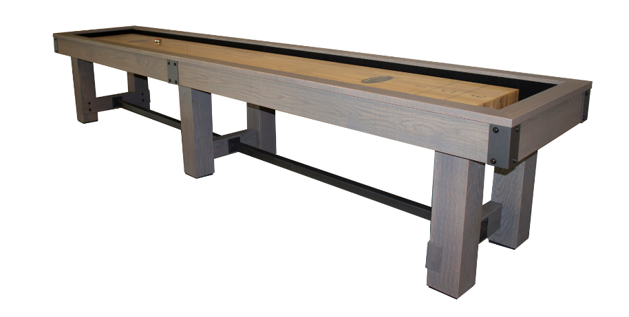 Long wooden outdoor bench with dark gray supports and a light wood seat, isolated on a white background