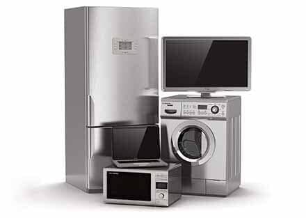 Appliance Showcase — Appliance Repair in Collins, CO Stainless steel kitchen appliances: refrigerator, microwave, washer, and flat-screen TV on white background