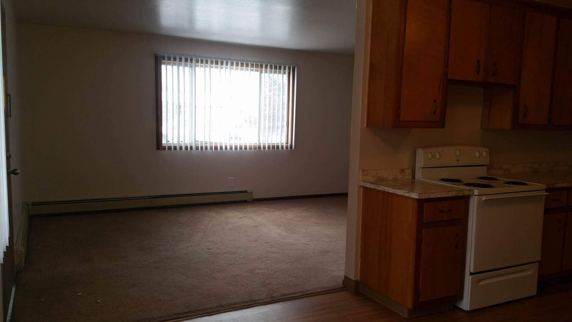 Interior of living room window from kitchen view