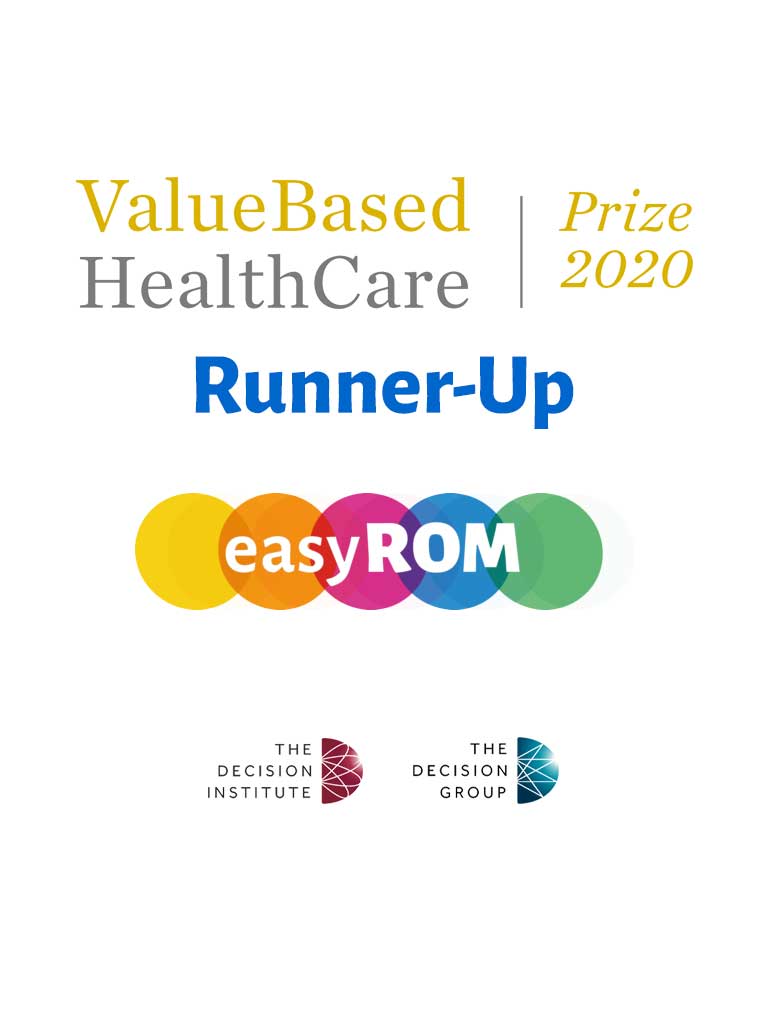 Value Based HealthCare Prize 2020 Runner-Up logo. easyROM logo with colored circles and logos for The Decision Group and The Decision Institute.