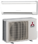 White Mitsubishi ductless mini-split air conditioning unit with indoor and outdoor components.