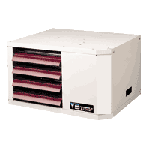 White food dehydrator with open trays displaying dried food;  square shape, front view.