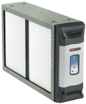 Industrial air filter unit, gray and black with a rectangular filter section and control panel.