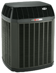 Dark gray Trane air conditioner unit with fan and vertical vents.
