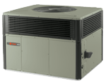 Gray Trane HVAC unit, exterior, with fan on top and air vents on the sides.