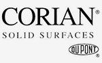 The logo for corian solid surfaces is black and white.