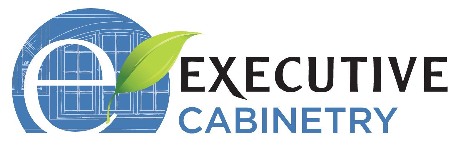 The logo for executive cabinetry has a green leaf on it.