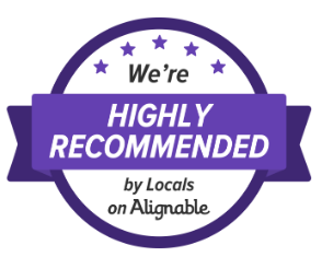 A sticker that says we 're highly recommended by locals on alignable